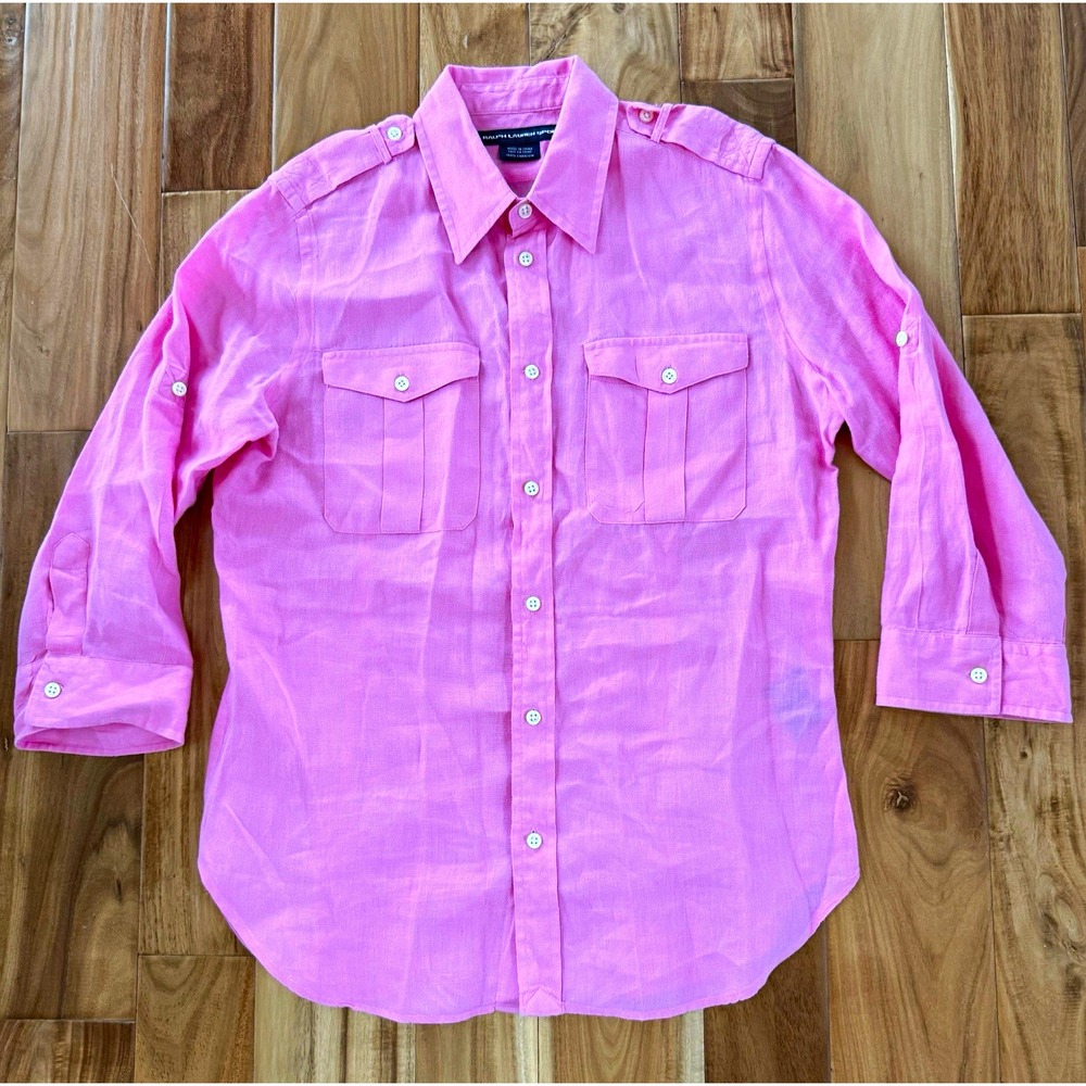 Women's Ralph Lauren Sport Pink Solid Linen 3/4 Sleeve Collared Button-Up 12